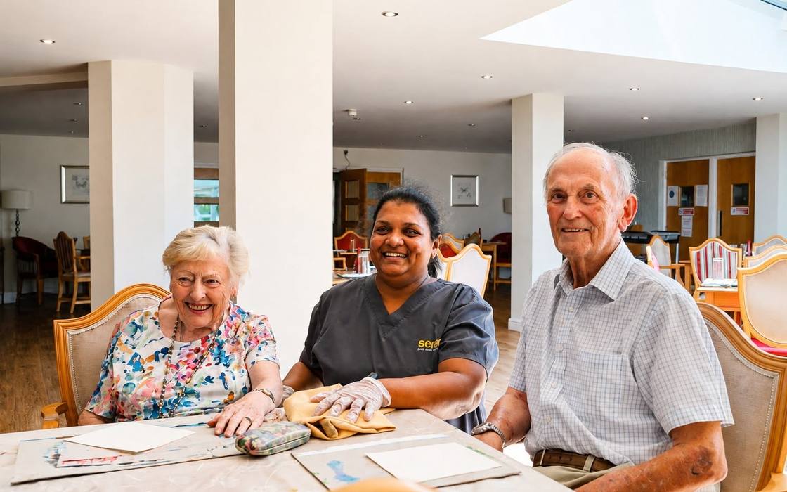 A Seren carer sitting at a table with two of the people she supports, all smiling.